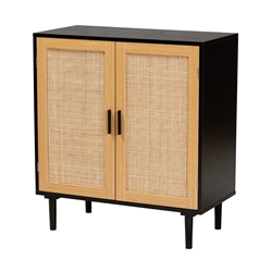 Baxton Studio Maureen Mid-Century Modern Espresso Brown Wood and Rattan 2-Door Storage Cabinet